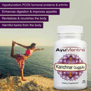 Woman doing yoga near sea with Ayumantra Kanchanara Guggulu tablets bottle and health benefit text.