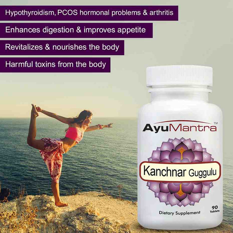 Woman doing yoga near sea with Ayumantra Kanchanara Guggulu tablets bottle and health benefit text.
