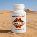 AyuMantra Kaunch SPL tablets bottle on desert sand, showcasing kaunch tablets as an Ayurvedic dietary supplement.