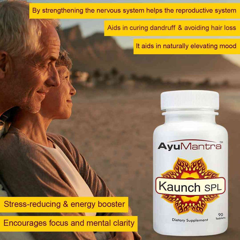 Senior couple at the beach with AyuMantra Kaunch SPL tablets, promoting kaunch tablets for energy and stress support.