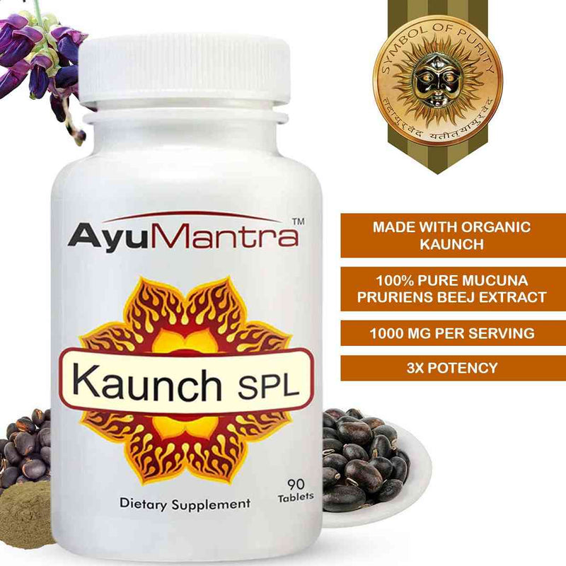 AyuMantra Kaunch SPL tablets bottle with organic kaunch extract badge and kaunch seeds around it.