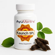 AyuMantra Kaunch SPL tablets bottle with kaunch pods and green leaves on a clean white background.