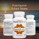 Three AyuMantra Kaunch SPL tablets bottles showing front label, supplement facts, and usage directions.