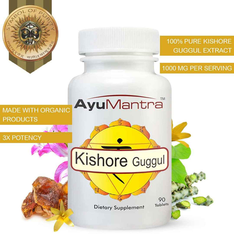 Ayumantra Kishore Guggul tablets bottle with organic herbs and purity seal badge.