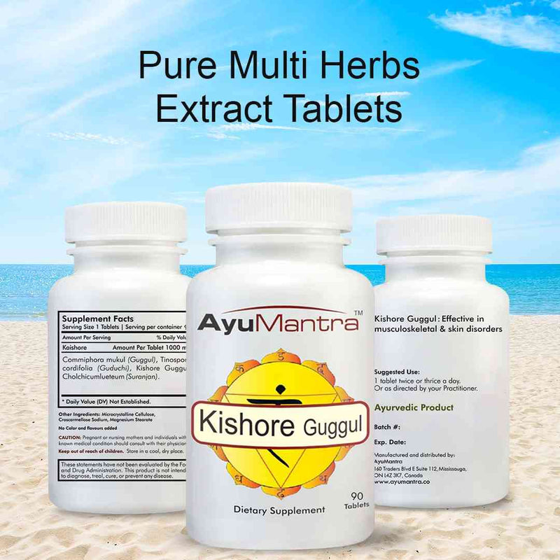 Three Kishore Guggul tablets bottles at beach, highlighting pure multi herb extract tablets