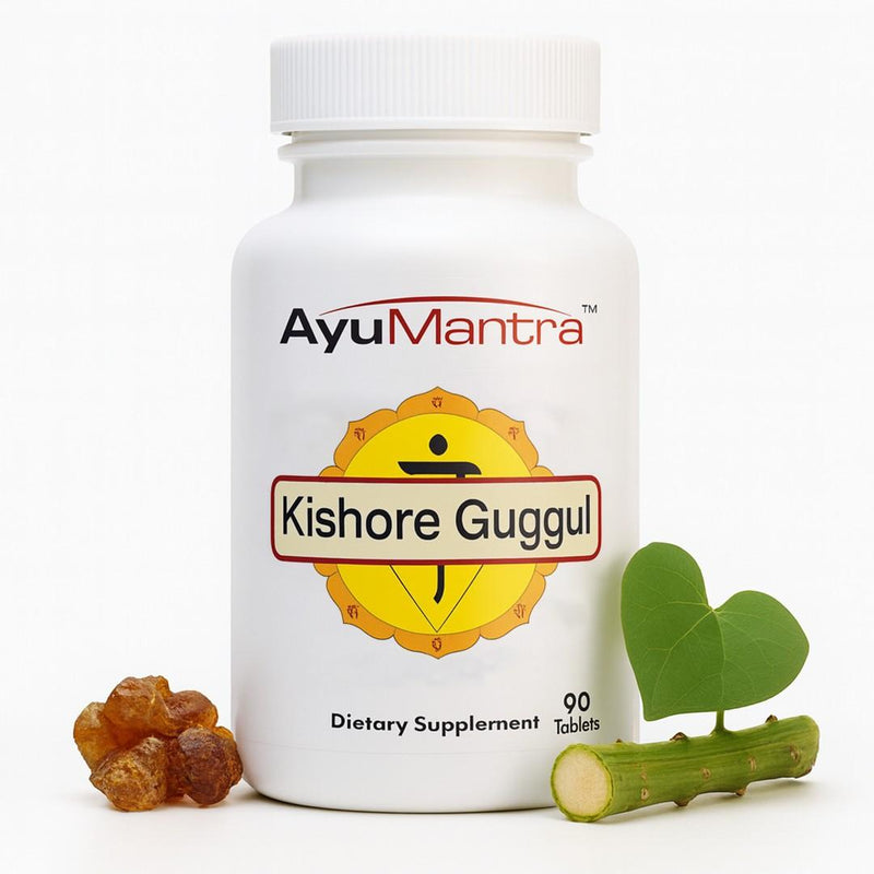 Kishore Guggul tablets bottle with guduchi stem, green leaf and guggul resin pieces.