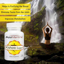 Kishore Guggul tablets bottle near waterfall with woman doing yoga and key benefits text