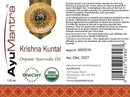 Product label for Krishnakuntal Organic Ayurvedic Oil, an Indian remedy for hair loss, thinning, and graying.