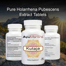 AyuMantra Kutaja tablet bottles highlighting Holarrhena pubescens extract and supplement facts.