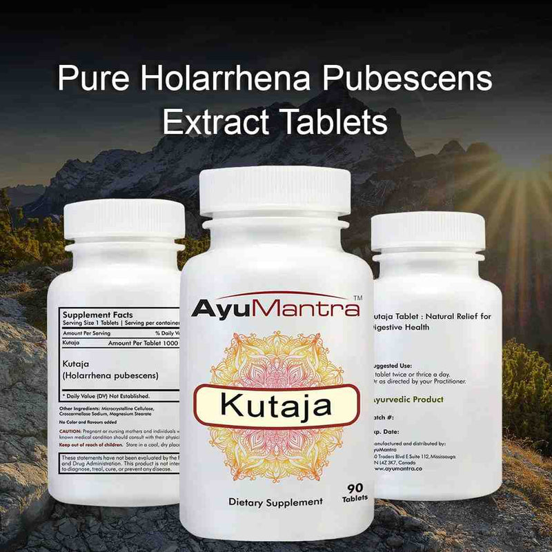 AyuMantra Kutaja tablet bottles highlighting Holarrhena pubescens extract and supplement facts.