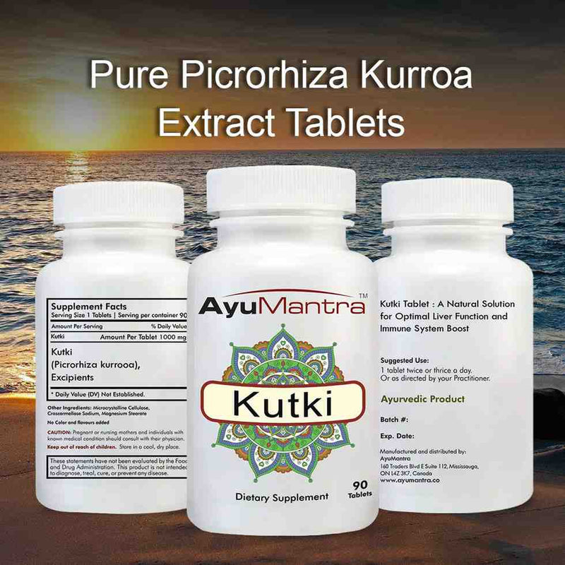 Three bottles of AyuMantra Kutki Pure Picrorhiza Kurroa Extract Tablets with a scenic background.