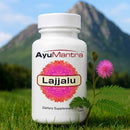 AyuMantra Lajjalu dietary supplement bottle with a natural background
