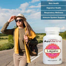 Woman on a road trip with an AyuMantra Lajjalu supplement bottle.