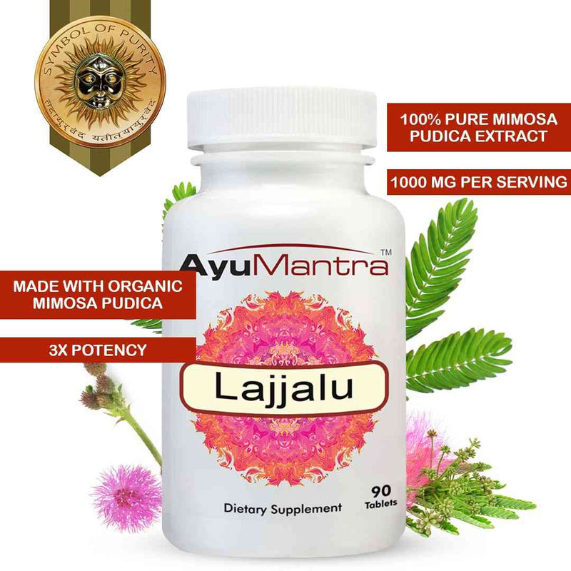 Lajjalu tablets bottle with mimosa pudica herb and badges for organic extract and high potency.