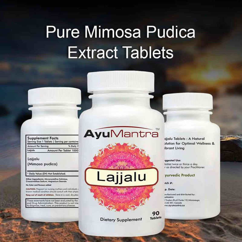 AyuMantra Lajjalu Pure Mimosa Pudica Extract Tablets with a blurred natural background