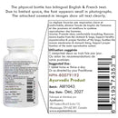 Back label of a Ayurvedic product bottle with text and barcodes.