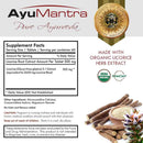AyuMantra Pure Ayurveda supplement label with licorice root and extract on a white background
