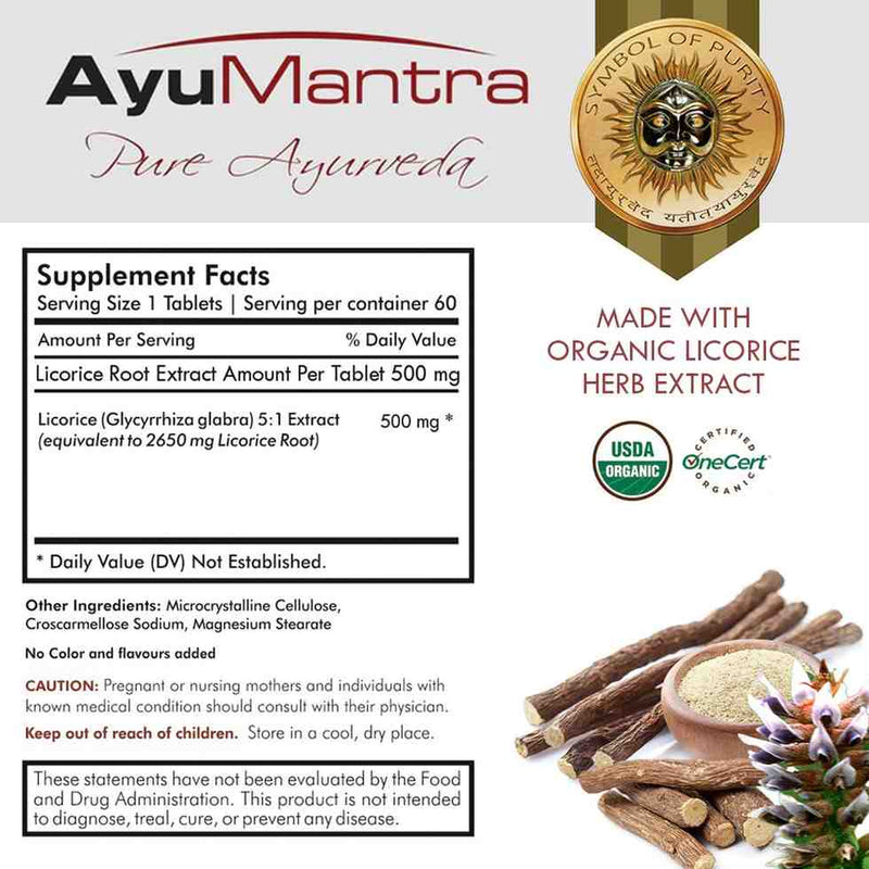 AyuMantra Pure Ayurveda supplement label with licorice root and extract on a white background