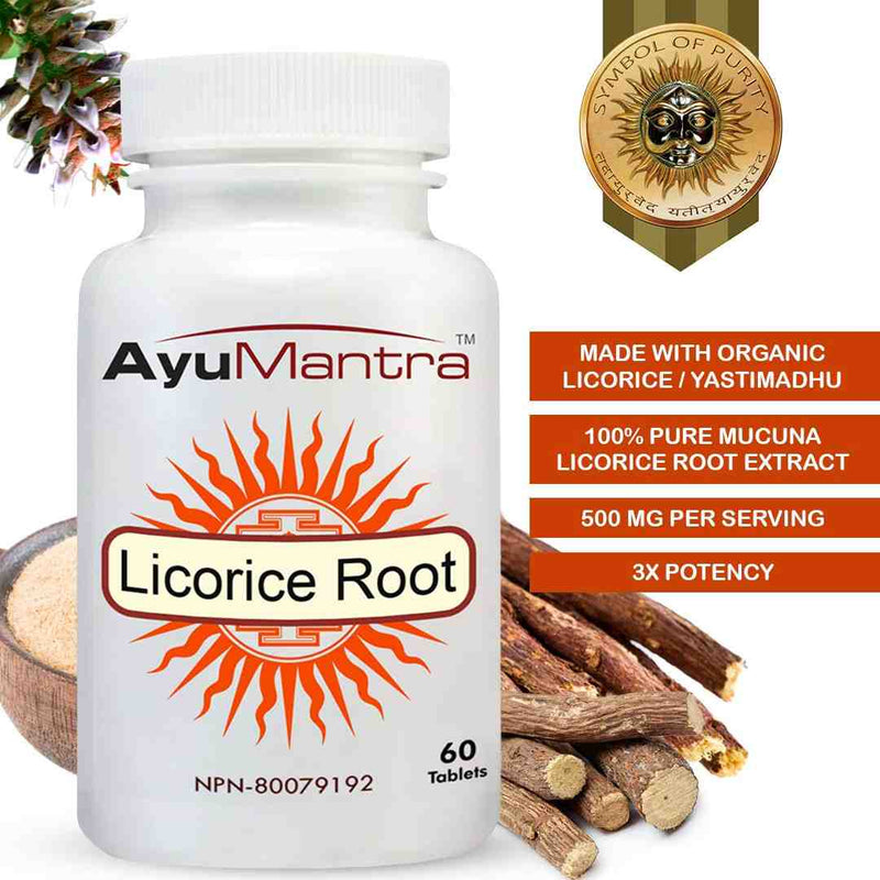 AyuMantra Licorice Root supplement bottle with licorice roots and product details on a white background