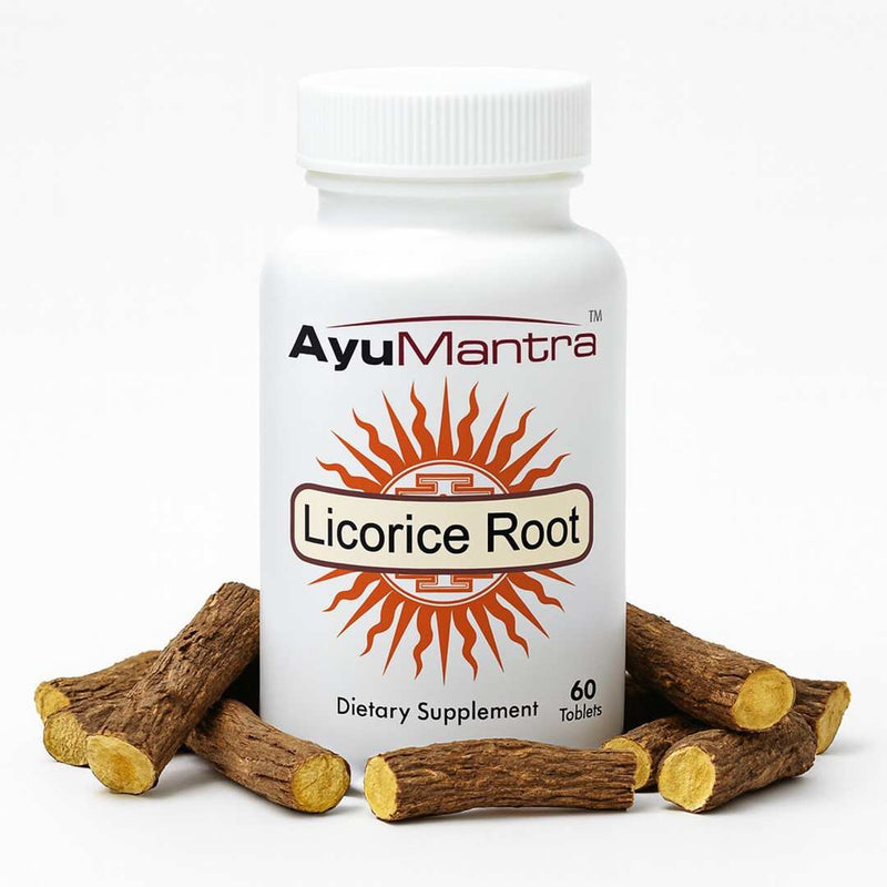 AyuMantra Licorice Root supplement bottle with licorice roots on a white background