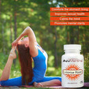 Woman practicing yoga outdoors with AyuMantra Licorice Root supplement bottle in the foreground.