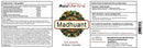 A product information label for AyuMantra Madhuant tablets, showing bilingual English and French text with product details, ingredients, manufacturer contact info, and a barcode on a white background.