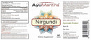 AyuMantra Nirgundi dietary supplement label with colorful design elements.