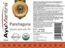 AyuMantra Panchaguna Organic Ayurvedic Oil label with branding and certification logos.