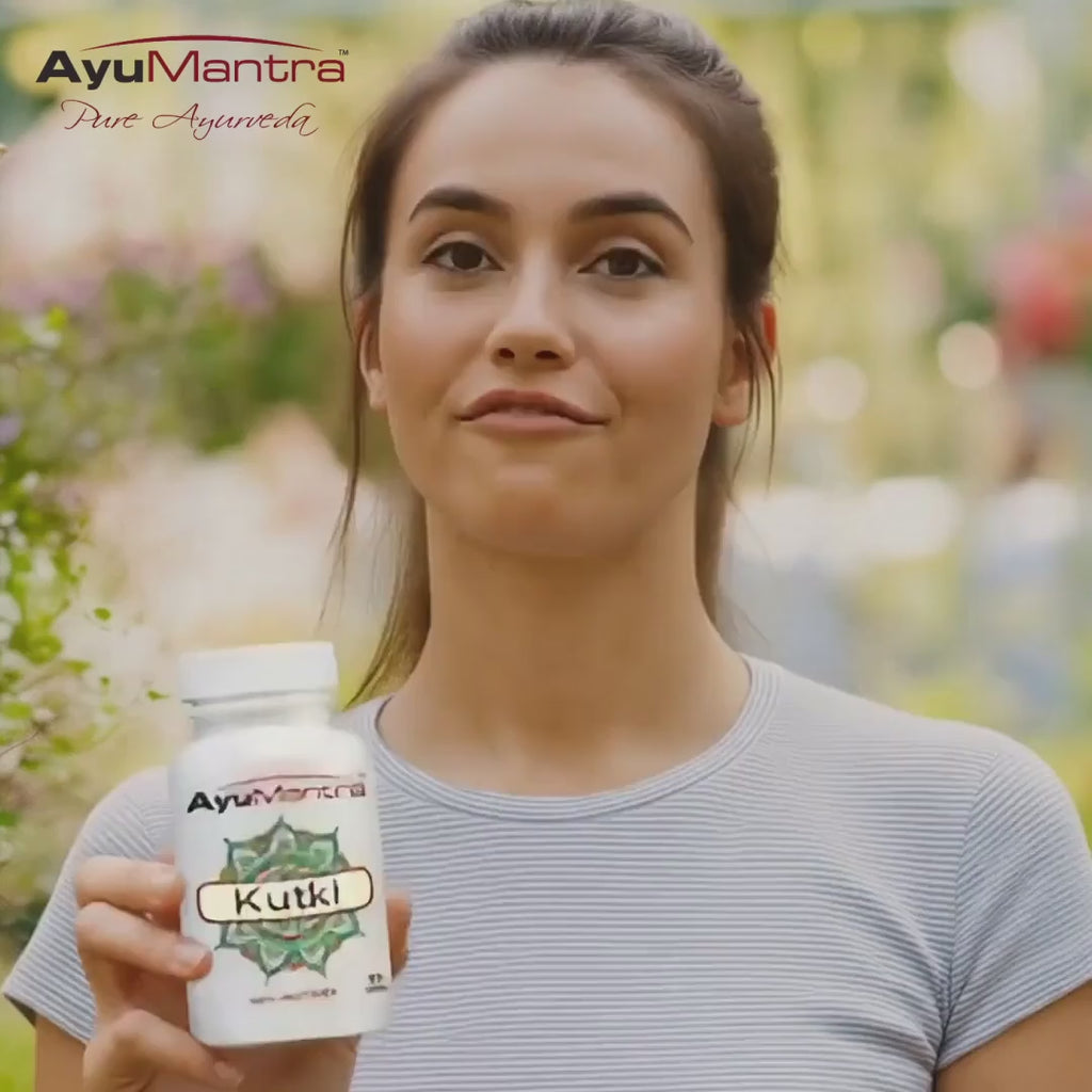 Kutki Tablet shown in use, herbal tablet supporting cleansing, balanced immune response, and digestive support that eases post heavy meals.