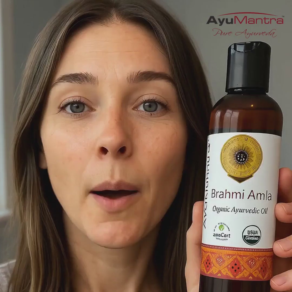 Applying Brahmi Amla Oil for deep nourishment, leaving hair looking stronger healthier strength from root to tip.