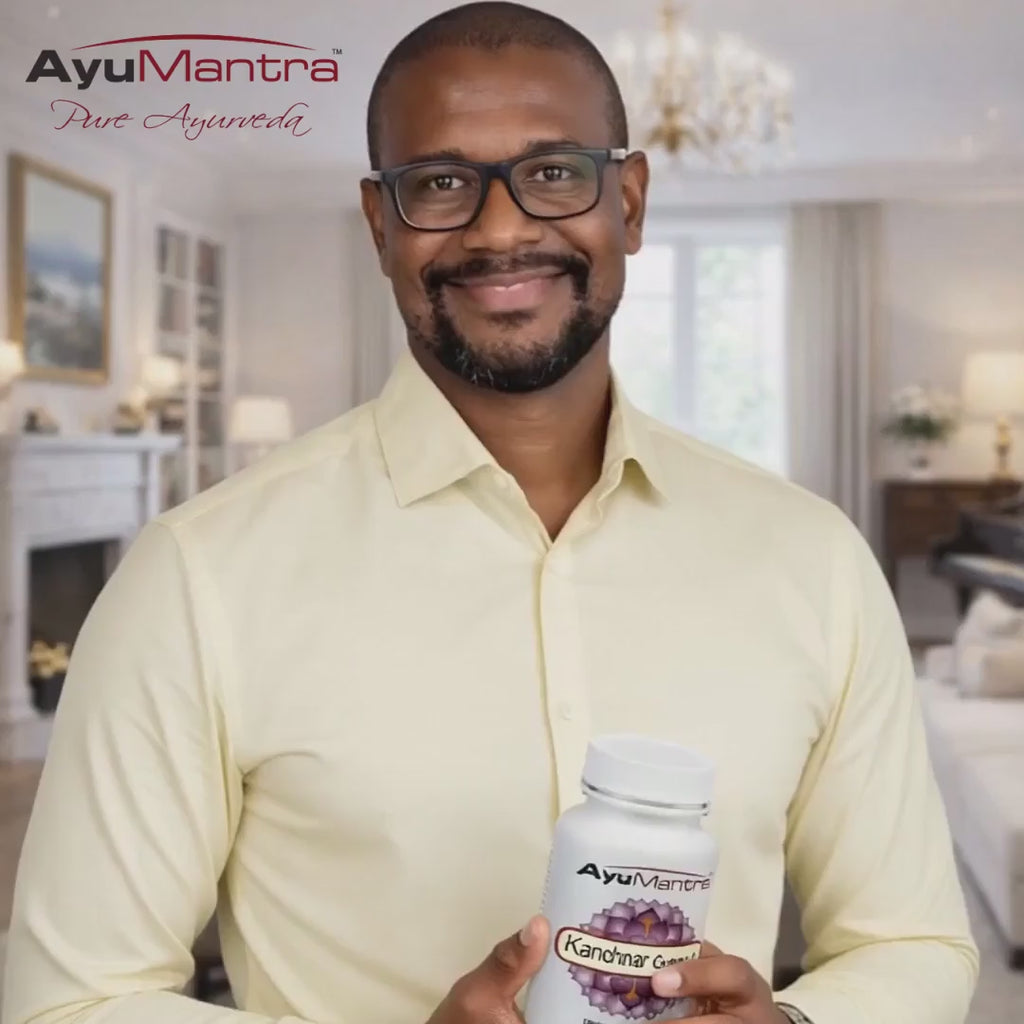 Kanchanara Guggulu Tablets video for excess fat retention, helps ease PCOD symptoms, supports soft tissues, supports internal balances.