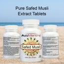 Three white bottles of AyuMantra Safed Musli Extract Tablets are displayed against a beach background with the text 'Pure Safed Musli Extract Tablets' at the top. The center bottle shows the front label with a golden musli sun graphic, while the side bottles show the back labels with ingredients and usage details.