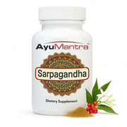 AyuMantra Sarpagandha dietary supplement bottle with ingredients on a white background