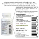 Back label of an Ayurvedic product with text and a bottle on a white background