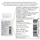 Back label of a Triphala product with text and bottle image