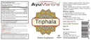 AyuMantra Triphala dietary supplement label with product details and branding.