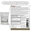 Tulsi powder packaging with English and French text on a white background