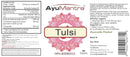 AyuMantra Tulsi Ayurvedic product label with text and design elements.