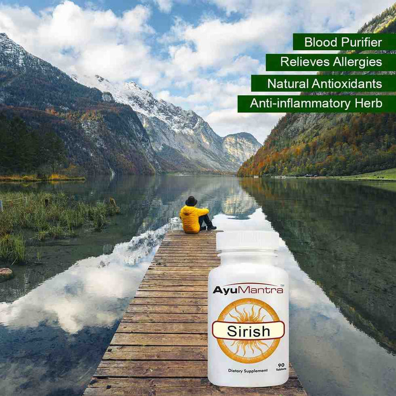AyuMantra Sirish tablets pack by a mountain lake scene highlighting blood purifier benefits.