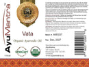 Label of AyuMantra Vata Organic Ayurvedic Oil with certification logos and product details.