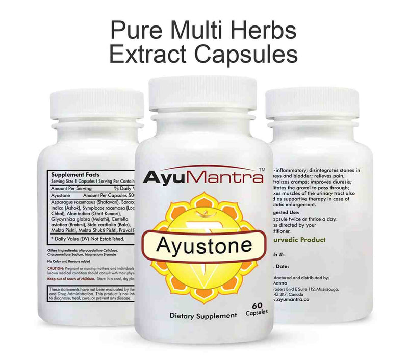 Three Ayustone capsules bottles with headline pure multi herbs extract capsules.